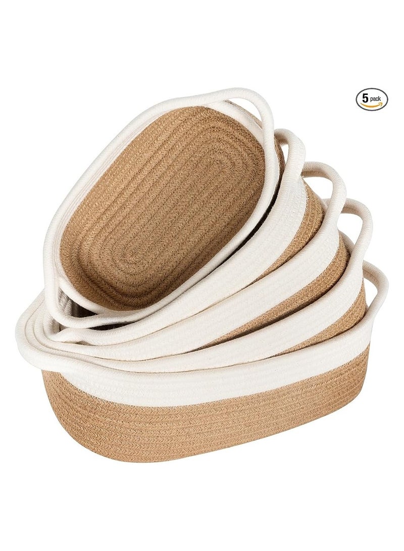 Oval Storage Basket Set of 5 - Natural Cotton Rope Woven Basket for Organizing Small Basket Storage Box, Dog Toy Basket with Handle, Cat Toy Box, Bathroom Items, Makeup Storage Box  - Image 1