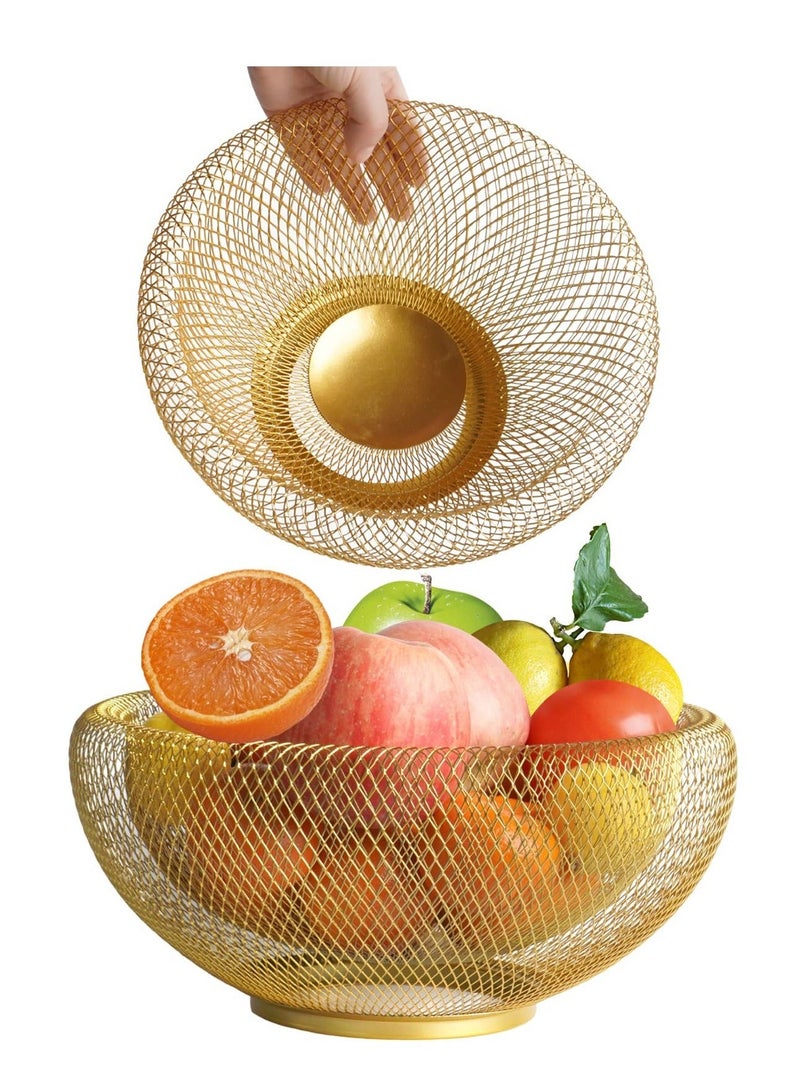 XiuWoo Metal Fruit Basket, Mesh Bowl,Fruit and Vegetable Holders for Countertops, Bread Vegetables Fruits snacks (2Pcs 5.6" H 4.4" Golden) - Image 1