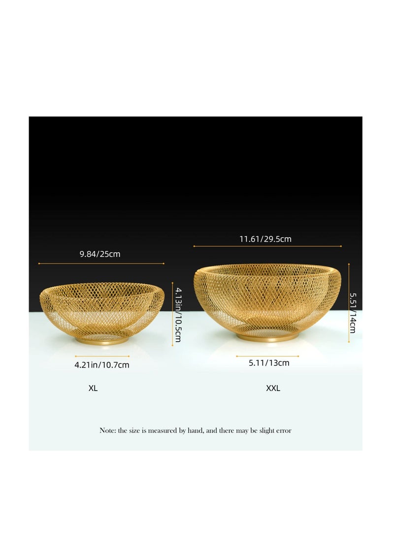 XiuWoo Metal Fruit Basket, Mesh Bowl,Fruit and Vegetable Holders for Countertops, Bread Vegetables Fruits snacks (2Pcs 5.6" H 4.4" Golden) - Image 2
