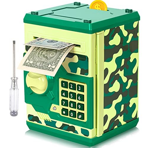 Vcertcpl ATM Piggy Bank for Boys Girls Vcertcpl Mini ATM Coin Bank Money Saving Box with Password Kids Safe Money Jar for Adults with Auto Grab Bill Slot Great Gift Toy Bank for KidsCamouflage Green - Image 1