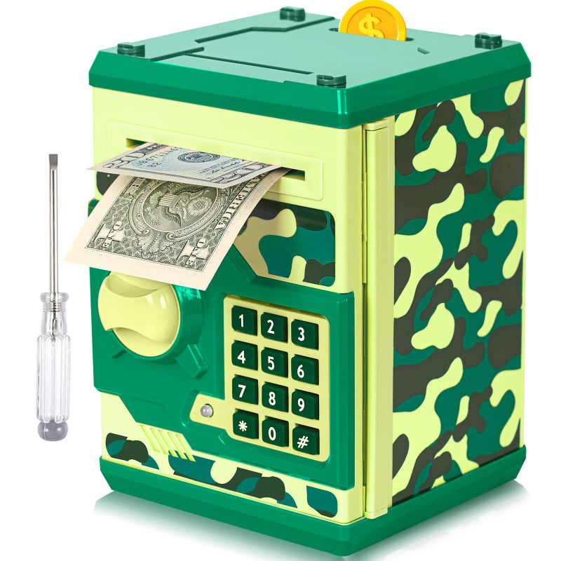 Vcertcpl ATM Piggy Bank for Boys Girls Vcertcpl Mini ATM Coin Bank Money Saving Box with Password Kids Safe Money Jar for Adults with Auto Grab Bill Slot Great Gift Toy Bank for KidsCamouflage Green - Image 2