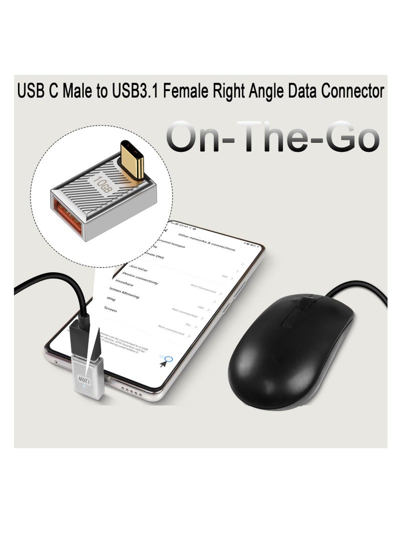Excefore 120W 90° Angle USB C to USB3.1 OTG Adapter, 2 Pcs 10Gbps USB C Male to USB3.1 Female Right Angle Data Connector, 24V5A Charging/Zn Alloy/LED, for Phone Tablet Steam Deck, Silver/Positive Bend  - Image 3