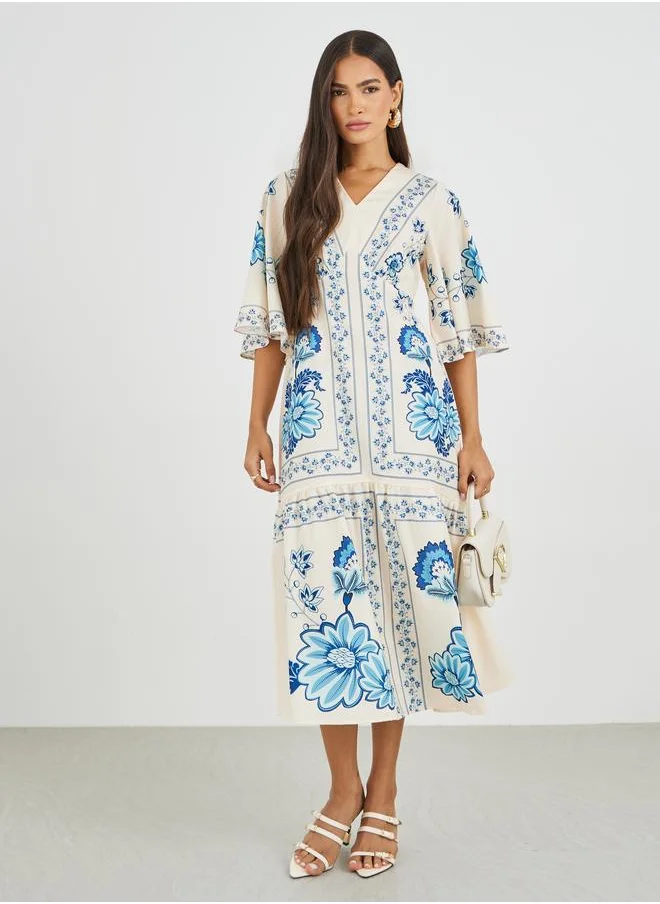 ستايلي Styli All-Over Print 3/4 Sleeves A-Line Midi Dress