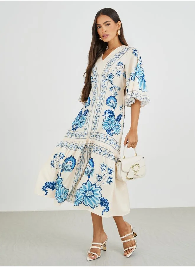 ستايلي Styli All-Over Print 3/4 Sleeves A-Line Midi Dress