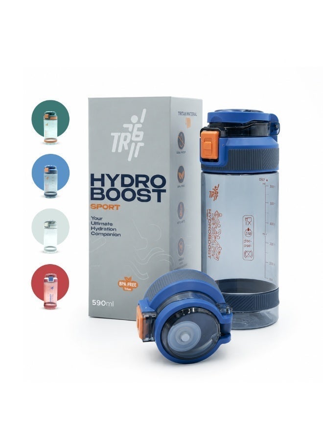 TR6 زجاجة مياه رياضية شفافة TR6 Hydra Boost سعة 590 مل، خالية من مادة BPA، مقاومة للتسرب، بغطاء قابل للطي، مقاومة للحرارة من 10 إلى 80 درجة مئوية، مزودة بحامل، مناسبة للرياضة والمكتب والسفر والمدرسة والاستخدام اليومي. (أزرق،590 مل) - Image 1