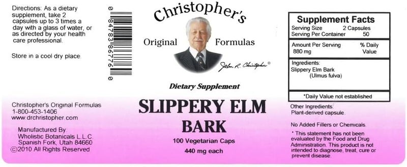 Christopher's Original Formulas Dr. Christopher's Original Formulas Slippery Elm Bark Dietary Supplement - 100 Vegetarian Caps (425 mg each) - Image 2