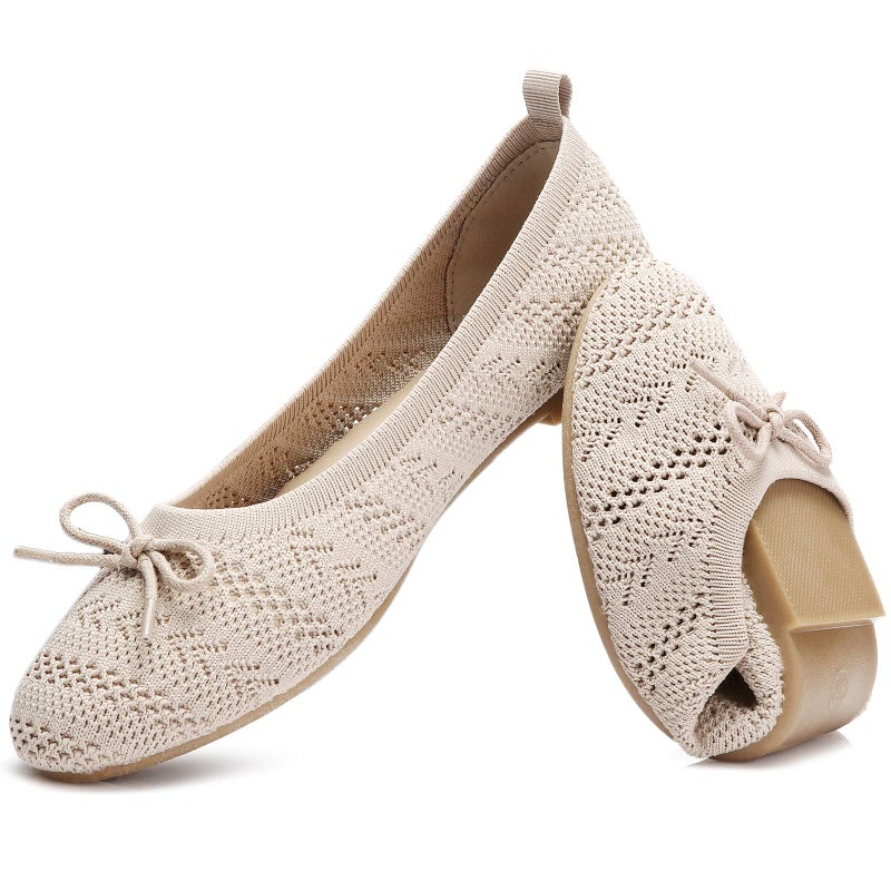 HEAWISH Womens Flats Shoes Comfortable Black Beige Flats Crochet Lace Mesh Round Toe Slip On Casual Ballet Flats Dress ShoesBeige US8