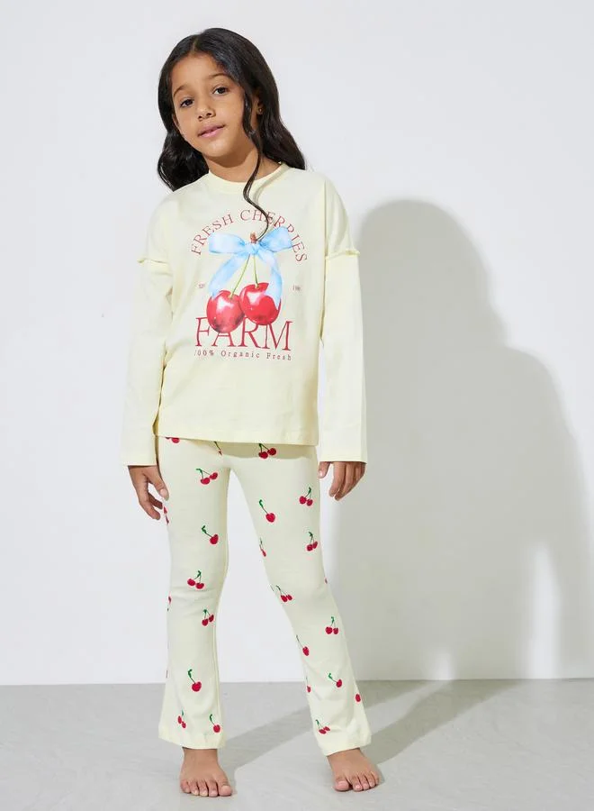 Styli Girls Cream Cherry Print T-Shirt and Flared Leggings Set