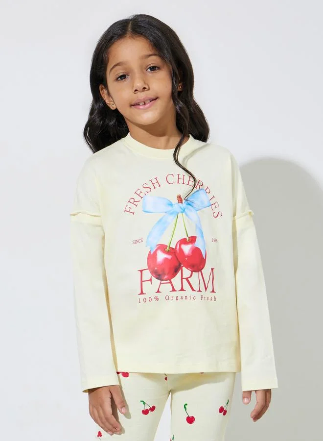 Styli Girls Cream Cherry Print T-Shirt and Flared Leggings Set