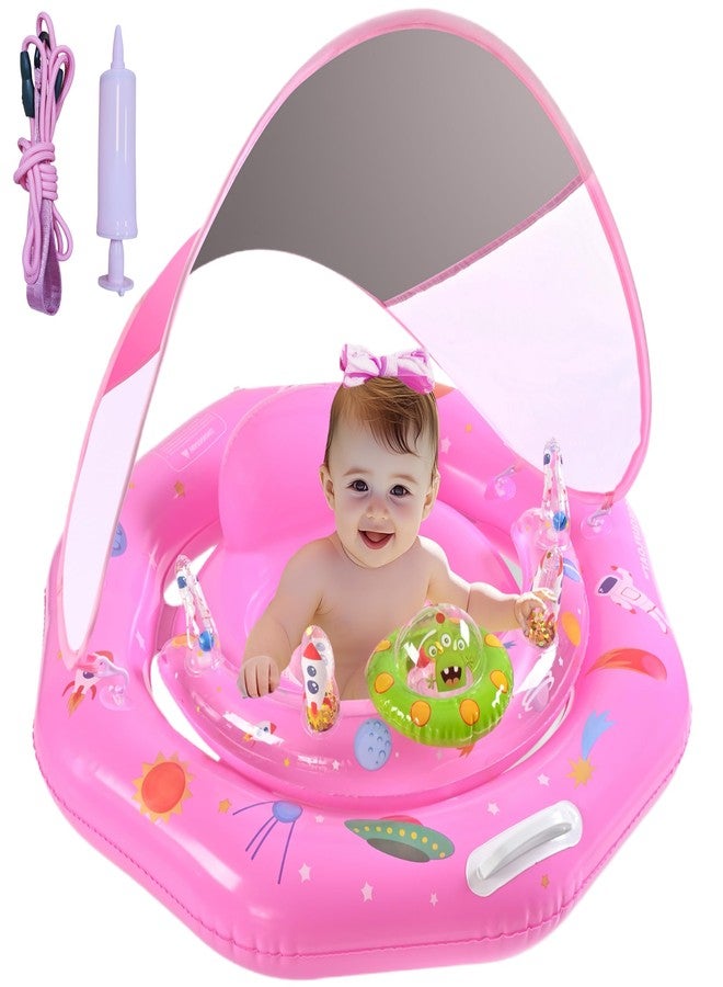 GEEQUFLOAT Baby Pool Float with Canopy UPF50+ Sun Protection, Inflatable Infant Pool Float with Adjustable Safety Seat & Toy Play Console，Baby Floatie for 6-36 Months Boys & Girls，Safety Handles & Leashes（Pink） - Image 1