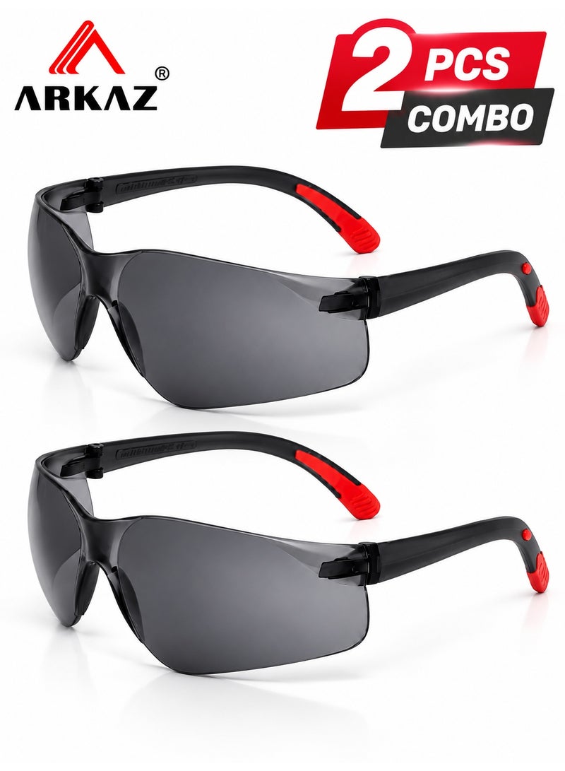 ARKAZ Safety Glasses 2 PCS Combo, Smoke Grey Protective Eyewear, Lightweight Wraparound Safety Goggles, Impact Resistant Eye Protection for Construction, Workshop, Cycling & DIY - Image 1
