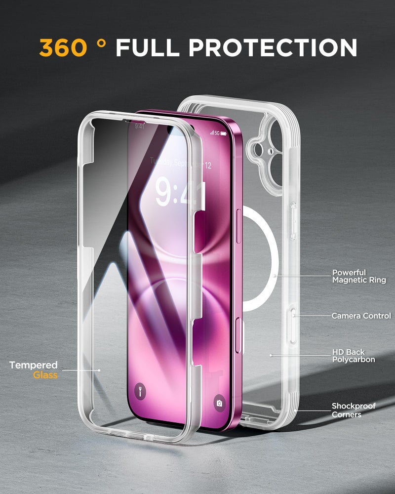 Miracase for iPhone 16 Case 6.1'', [Bubble Free] Full-Body Bumper Phone case with Built-in Full Glass Screen &Camera Control,No Gap,Compatible with MagSafe,Drop Proof 16 Cover,Matte Clear - Image 3