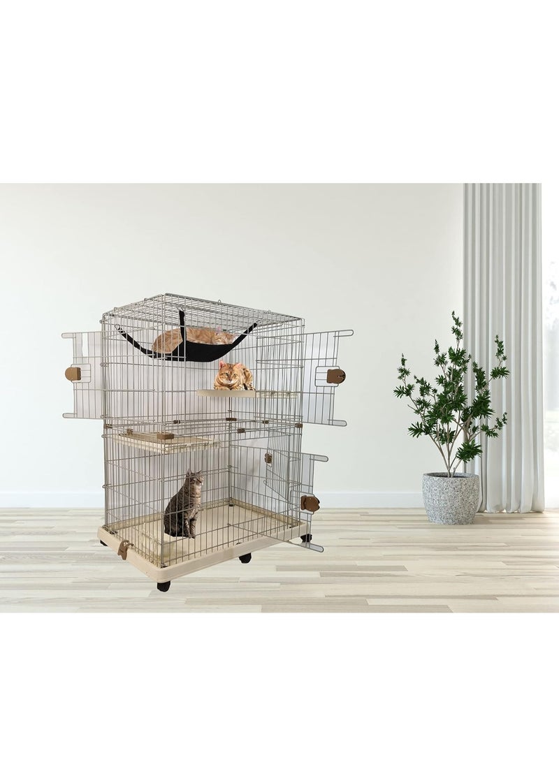 NNC PETS Cat Cage - Pet House with Multiple Lockable Doors - Hammock, Scratching Mat, Climbing ladder, Food bowls and Universal Wheels - Durable Metal Wire Cat House for Indoor/outdoor Use 115 cm (Beige) - Image 3