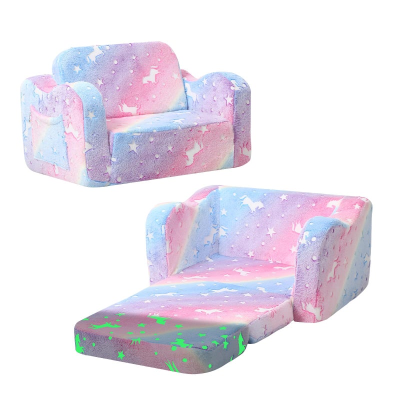 كرسي ميمور كول للأطفال - أريكة مريحة للأطفال لغرفة اللعب - أريكة قابلة للتحويل بتصميم يضيء قوس قزح وحيد القرن - سرير أرضي للأطفال