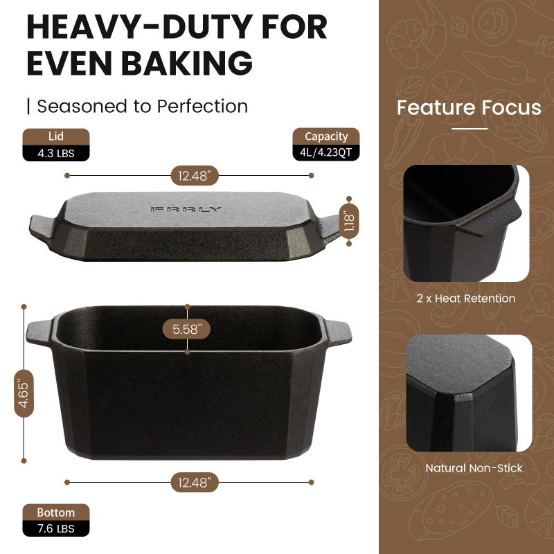 FRRLY Cast Iron Bread Loaf Pan with Lid,Bread Baking Pan,Cast Iron Dutch Oven for Sourdough,10 x 5 Inch Pre-seasoned Even Heat Distribution Baking Pan for Homemade Bread - Image 2
