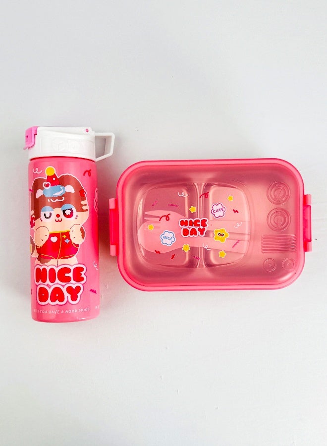 توشيونيكس علبة غداء من الستانلس ستيل – سعة 1.02 لتر – بحجرتين، ملعقة، شوكة، زجاجة مع مصاصة، آمنة للميكروويف، مانعة للتسرب، خالية من BPA – تصميم كرتوني للأطفال – مثالية للمدرسة، الحضانة، والهدايا – 17 × 12 × 5 سم - Image 4