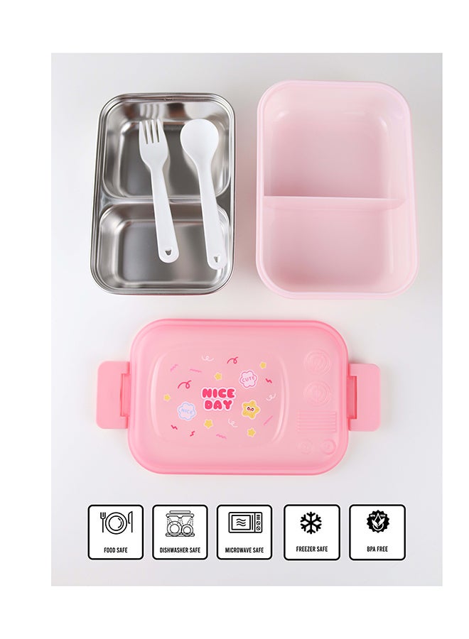توشيونيكس علبة غداء من الستانلس ستيل – سعة 1.02 لتر – بحجرتين، ملعقة، شوكة، زجاجة مع مصاصة، آمنة للميكروويف، مانعة للتسرب، خالية من BPA – تصميم كرتوني للأطفال – مثالية للمدرسة، الحضانة، والهدايا – 17 × 12 × 5 سم - Image 2