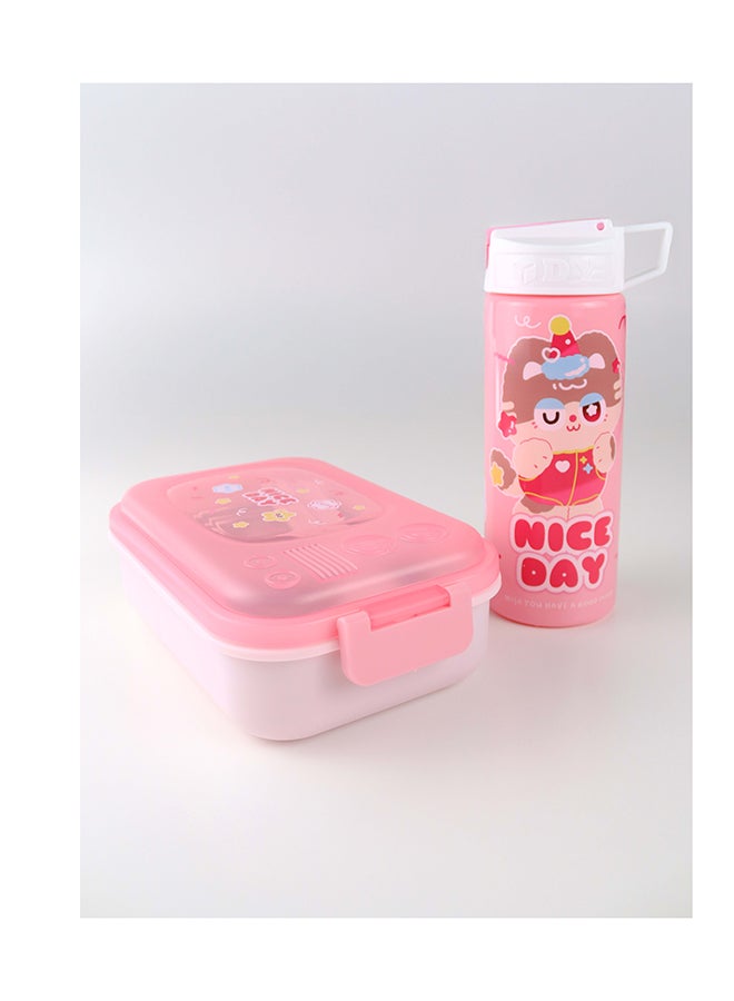 توشيونيكس علبة غداء من الستانلس ستيل – سعة 1.02 لتر – بحجرتين، ملعقة، شوكة، زجاجة مع مصاصة، آمنة للميكروويف، مانعة للتسرب، خالية من BPA – تصميم كرتوني للأطفال – مثالية للمدرسة، الحضانة، والهدايا – 17 × 12 × 5 سم - Image 1