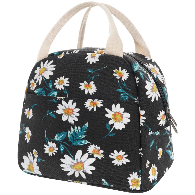 EurCross Womens Lunch Bags for Work with Chic Floral Daisy PatternCanvas Stylish and Insulated Black Lunch Tote Bento box Bag Carrier of OntheGo Storage