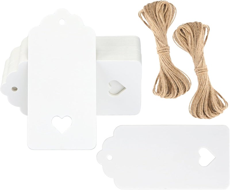 g2plus Gift Tags with String, 100PCS Hollow Heart Gift Tags, 3.7x1.8 in Blank Label Hang Tag, Heart Wedding Favors Tag, White Paper Hangtags for Valentine's, Mother's Day, Christmas Party Favors - Image 1