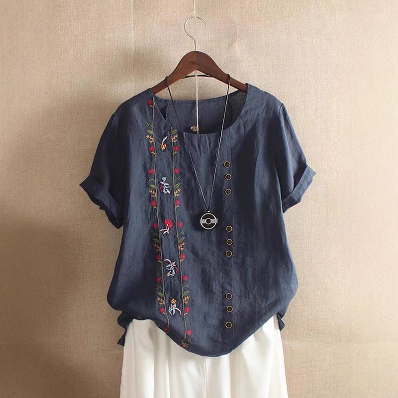 Spot Real S 2024 Wish Women'S Embroidered Flower Retro Cotton And Linen Short-Sleeved T-Shirt For Women - Image 3