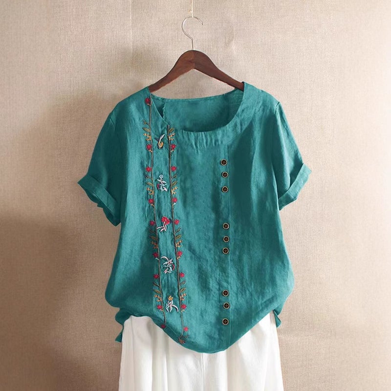 Spot Real S 2024 Wish Women'S Embroidered Flower Retro Cotton And Linen Short-Sleeved T-Shirt For Women - Image 4
