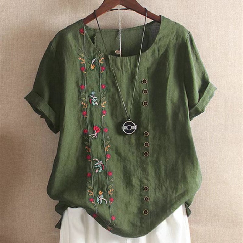 Spot Real S 2024 Wish Women'S Embroidered Flower Retro Cotton And Linen Short-Sleeved T-Shirt For Women - Image 1