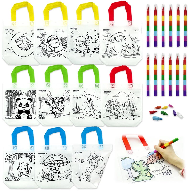 HahaMagic 12 Coloring Goodie Bags with 12 Crayons7in1 Reusable Art Party Favors for Kids Classroom Birthday Party Craft Supplies Mini Tote Bags and Goodie Bags Stuffers for Kids
