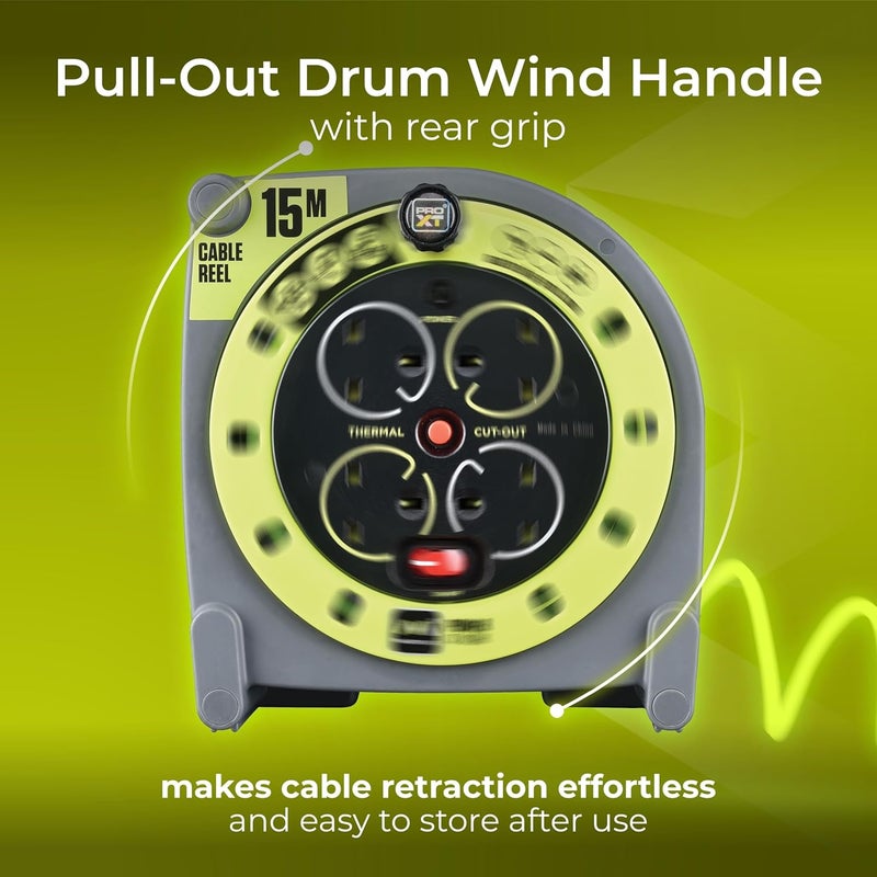 MASTERPLUG Four Socket, 15 Metre Premium Case Reel, Medium Power Cable Extension Reel, Thermal Cut-Out & Power Indicator, Heavy Duty, Pro-XT, Grey/Green, 13A, 4G, 15m, HMU15134SL - Image 2