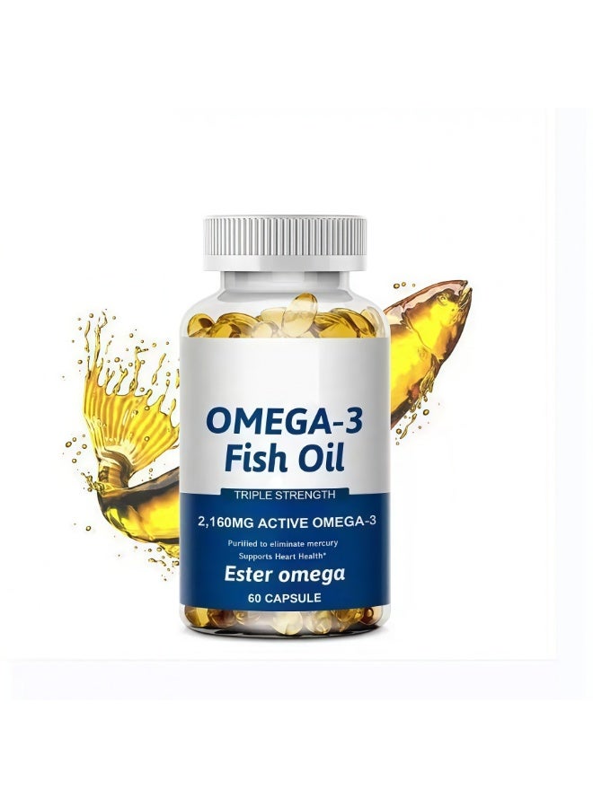 أوميغا كبسولات زيت السمك OMEGA-3 ذي القوة الثلاثية 2160 ملغ OMEGA إستير نشط – 60 كبسولة، منزوعة من الزئبق لدعم صحة القلب والرفاهية العامة | مكمل غذائي عالي التركيز - Image 1