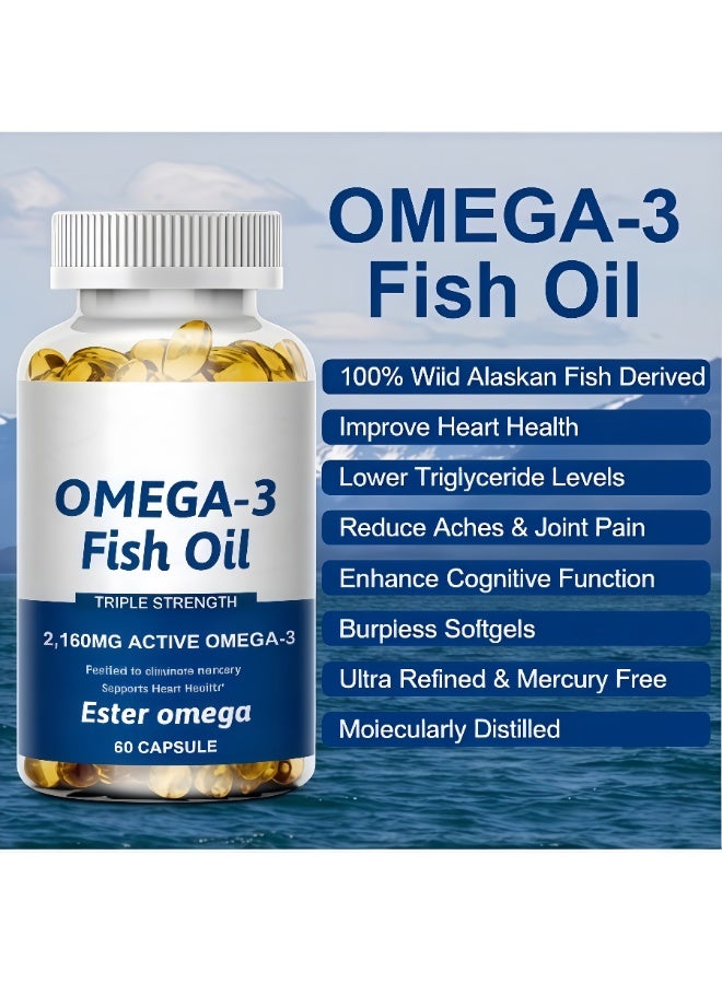أوميغا كبسولات زيت السمك OMEGA-3 ذي القوة الثلاثية 2160 ملغ OMEGA إستير نشط – 60 كبسولة، منزوعة من الزئبق لدعم صحة القلب والرفاهية العامة | مكمل غذائي عالي التركيز - Image 2