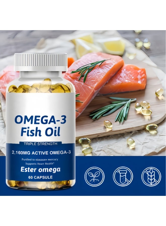 أوميغا كبسولات زيت السمك OMEGA-3 ذي القوة الثلاثية 2160 ملغ OMEGA إستير نشط – 60 كبسولة، منزوعة من الزئبق لدعم صحة القلب والرفاهية العامة | مكمل غذائي عالي التركيز - Image 4