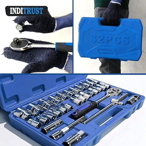Inditrust 32Pcs 1/2" inch Combinational Ratchet Socket Wrench Spannar Tool Goti Set with Carry Box for Automobiles/Bike/Car Repair Tool Kit 32pc Socket Set (32pc in Blue box) - Image 5