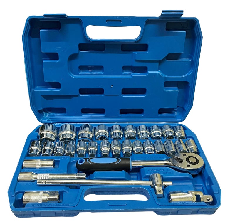 Inditrust 32Pcs 1/2" inch Combinational Ratchet Socket Wrench Spannar Tool Goti Set with Carry Box for Automobiles/Bike/Car Repair Tool Kit 32pc Socket Set (32pc in Blue box) - Image 1