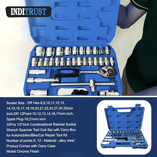 Inditrust 32Pcs 1/2" inch Combinational Ratchet Socket Wrench Spannar Tool Goti Set with Carry Box for Automobiles/Bike/Car Repair Tool Kit 32pc Socket Set (32pc in Blue box) - Image 3