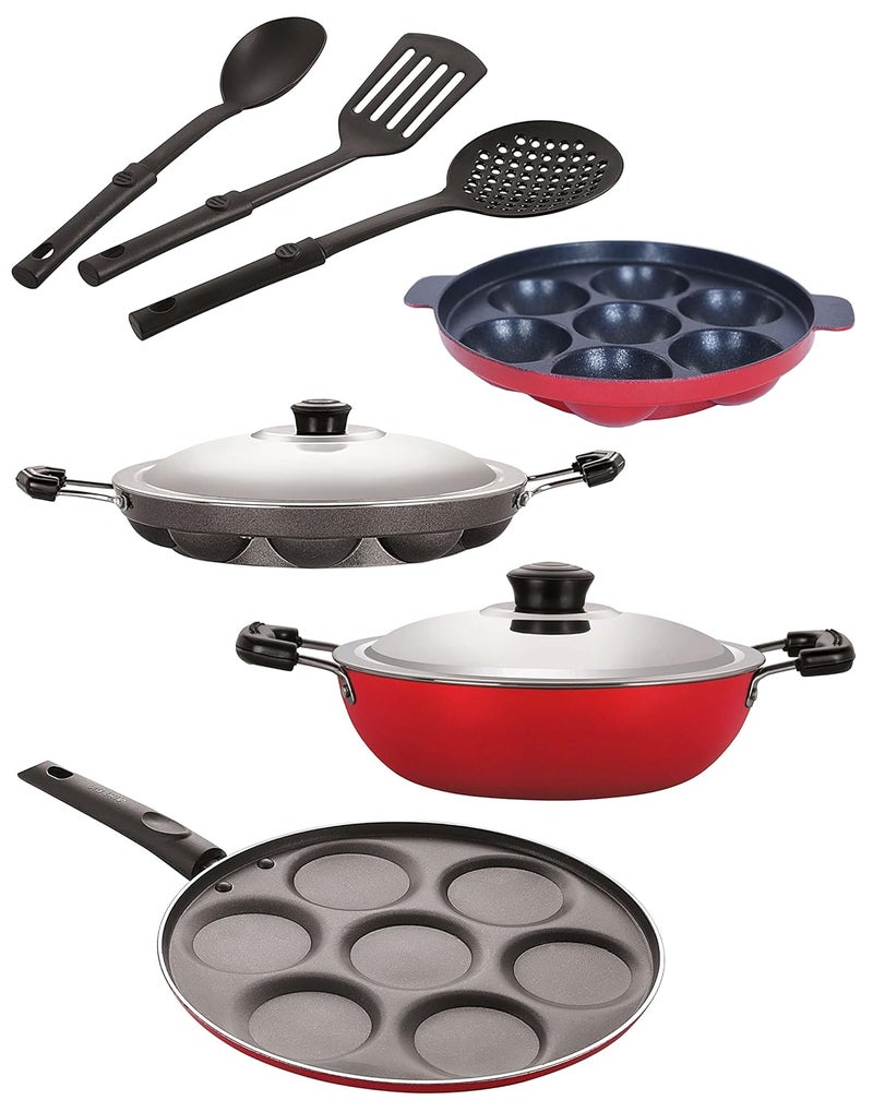 Nirlon Nirlon Nonstick Coated Aluminium 7 Pcs Set of Deep Kadhai22cmAppam7 CavityAppam12 CavityUttapam7 Cavity 3 Spoon 26mm_DKDM_AP7_AP12_UP7_3SPN  - Image 1