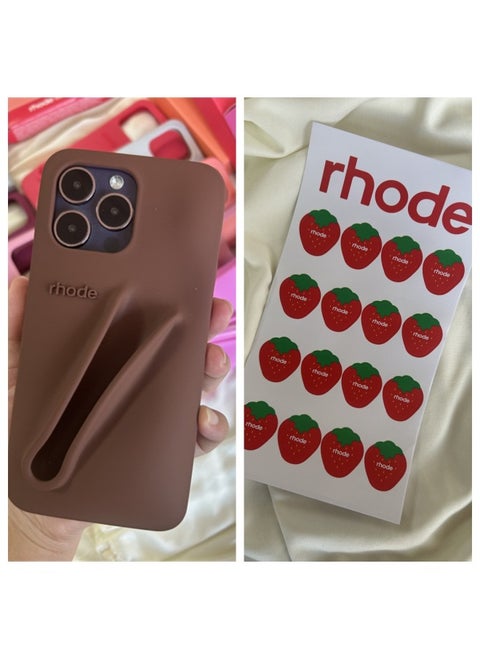 Rhode Sticker Hailey Lipstick Silicone Suitable For Iphone13/14/15Pro Max Apple 16-Color:Espresso Shell Highest Version + Packaging + Strawberry Stickers-Applicable Models:iPhone16