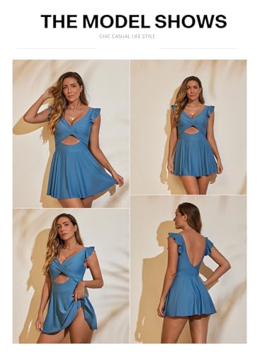 Aleumdr Women's One Piece Swimsuit Ruffle Cutout Swimdress Tummy Control V Neck Wrap Swimwear Medium Blue Large - Image 4