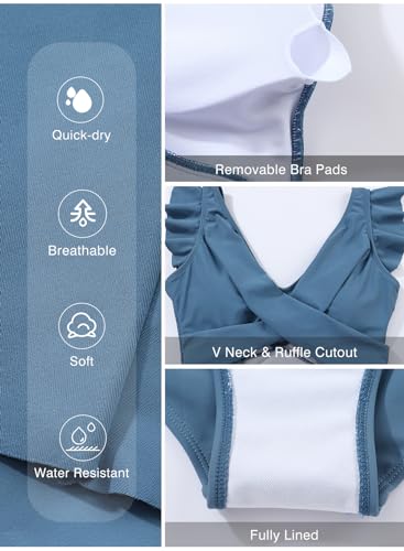 Aleumdr Women's One Piece Swimsuit Ruffle Cutout Swimdress Tummy Control V Neck Wrap Swimwear Medium Blue Large - Image 5