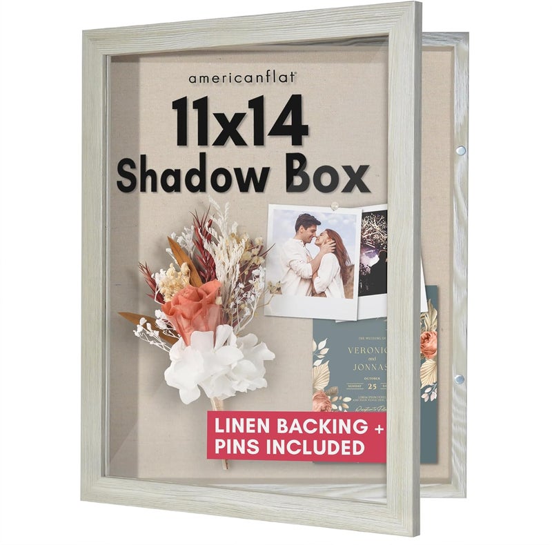 Americanflat Front Opening 11x14 Shadow Box Frame with Shatter-Resistant Glass - Silhouette Collection - Shadow Box Display Case for Tabletop and Wall Display - Grey Wood - Image 1
