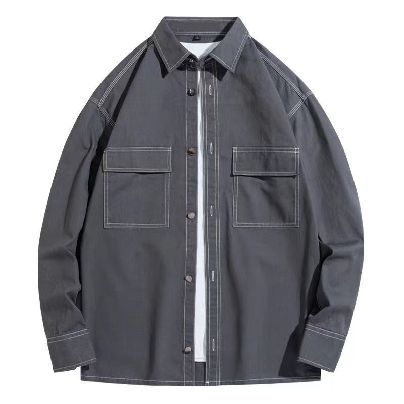 American-style heavy cotton workwear long-sleeved shirt mens Hong Kong style casual design shirt jacket loose mens fashion C914 khaki  - Image 2