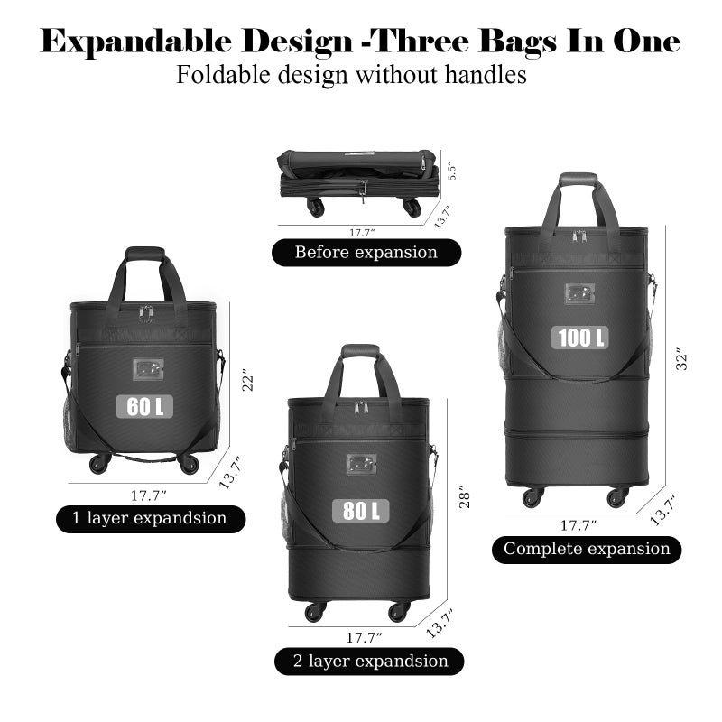 WELIDAY Suitcases with Wheels Expandable Luggage Bag Foldable Suitcase with 4 Universal Wheels Collapsible Rolling Travel Bag Large Capacity Duffel Bag (Black) - Image 2