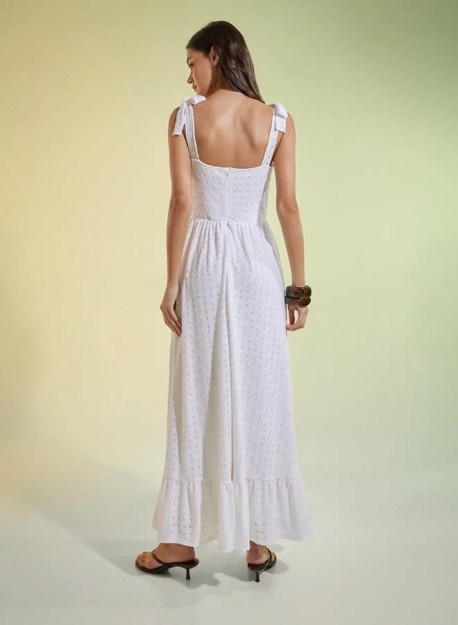 Styli  Off White Square Neck Eyelet Maxi Dress for Women | Best Price UAE