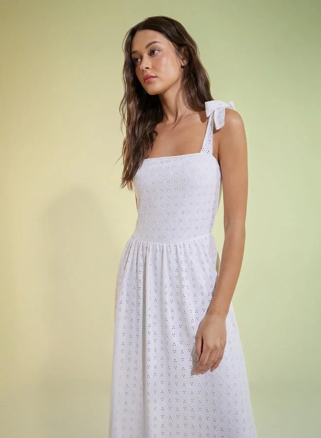 Styli  Off White Square Neck Eyelet Maxi Dress for Women | Best Price UAE