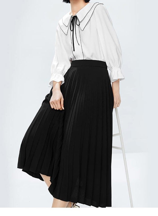 GOLDSTITCH Women's High Waist Pleated Skirt A line Swing Midi Skirt, Black, XL - Image 3