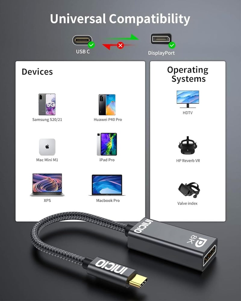INICIO 8K USB C to DisplayPort 1.4 Adapter, 8K@60Hz 4K@144Hz HDR, Type C Thunderbolt 4/3 To DP1.4 Display Port Cable For MacBook Pro Air, iPad Pro/Air, iPhone 16 15, Galaxy S25 S24 S23, XPS 13/15 etc - Image 2