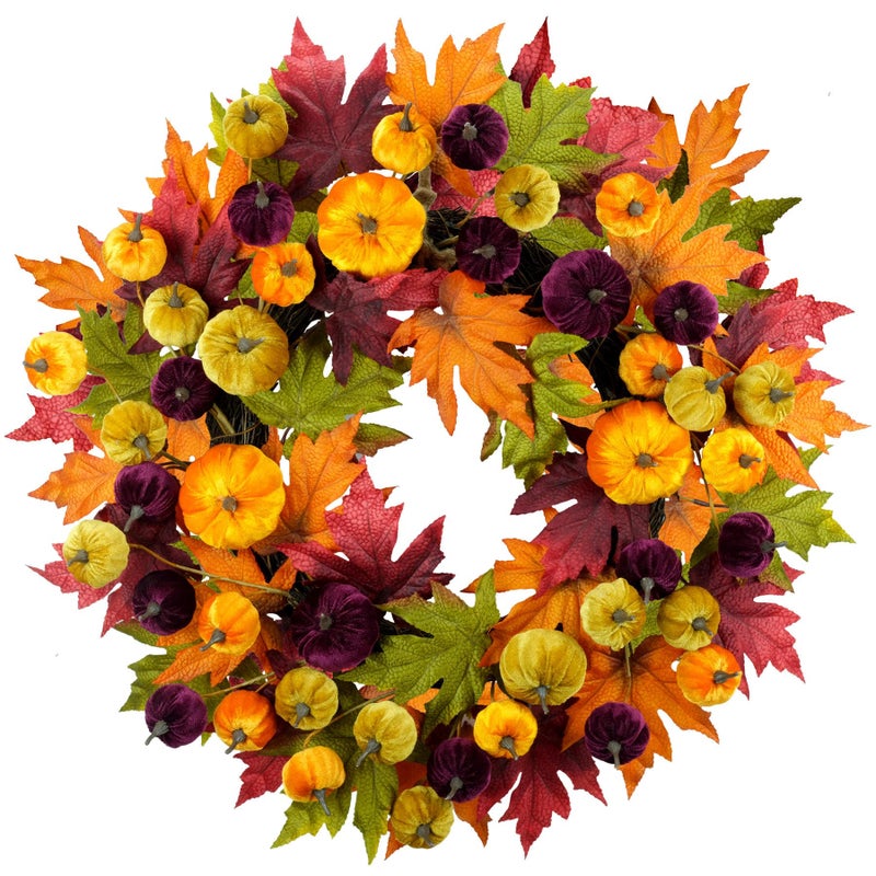 YULETIME 24 Fall Wreath Artificial Autumn Wreath with Red Orange Green Maple Leaves and Orange Purple GreenYellow Pumpkins Pumpkin  Maple Leaf