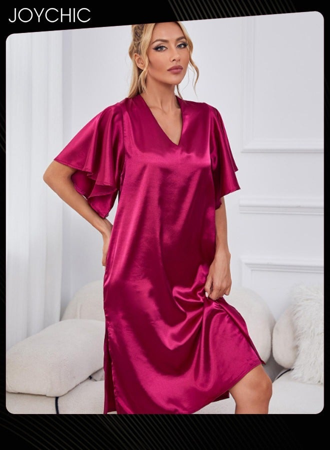 نيبمينينت Solid Pattern Women Pajamas Ice Silk Satin Skin-friendly Nightgown Deep V-neck Loose Sleepwear for Spring Summer Red - Image 3