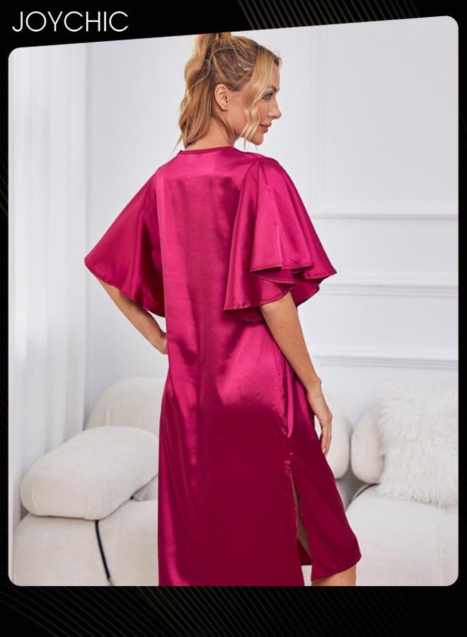نيبمينينت Solid Pattern Women Pajamas Ice Silk Satin Skin-friendly Nightgown Deep V-neck Loose Sleepwear for Spring Summer Red - Image 4