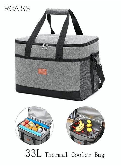 Outdoor 33L Large Cooler Bag Insulated Handbag Reusable Waterproof Oxford Ice Refrigerated Lightweight Fresh-keeping for Men Women Picnic/BBQ/Beach/Lunch Grey